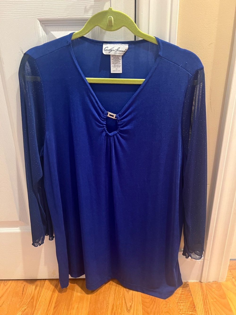 Carlyle Avenue Royal Blue Long-Sleeve V-Neck Top with Sheer Sparkle Sleeves